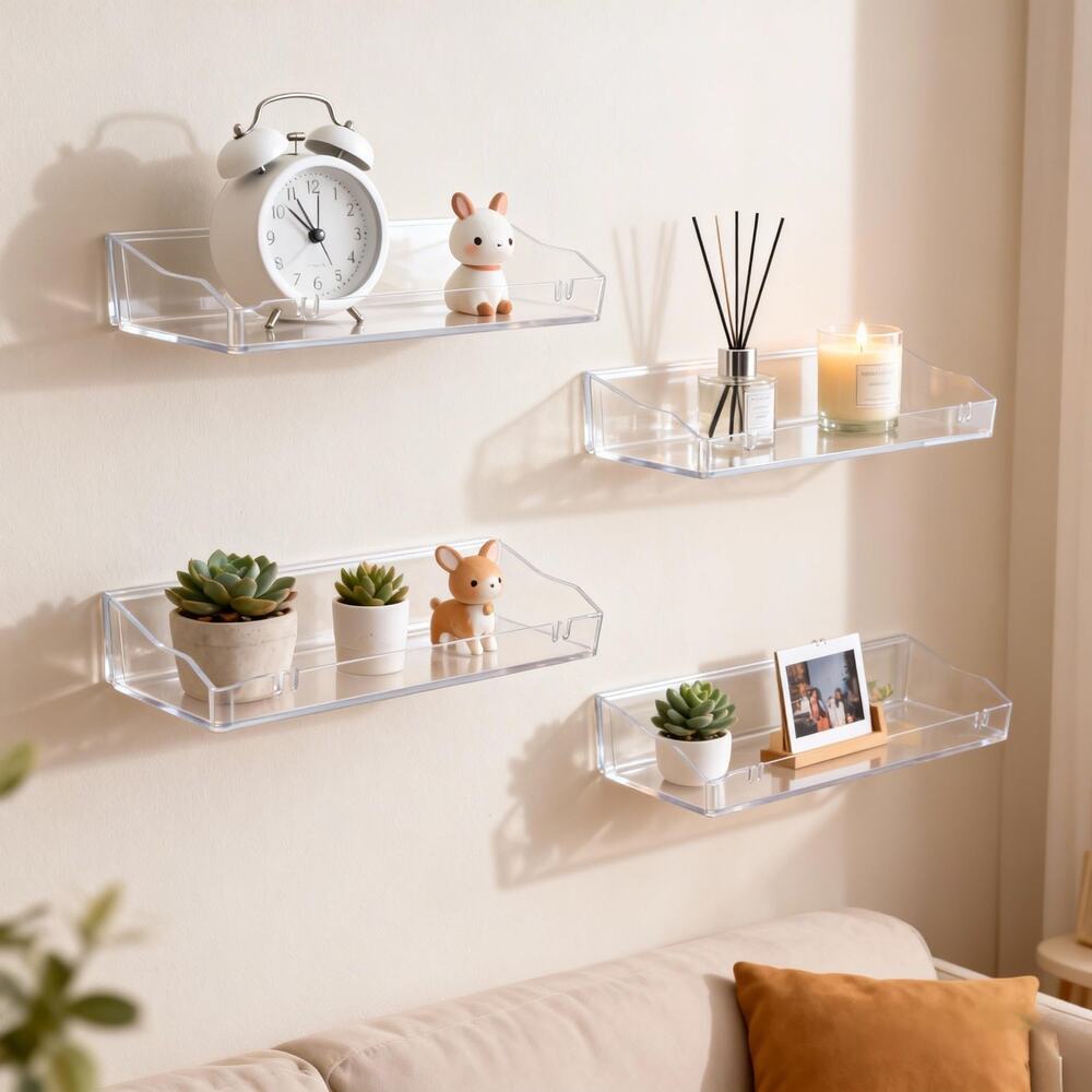Floating Wall Shelf Clear Acrylic Set 4 Wall Mounted Display Organizer